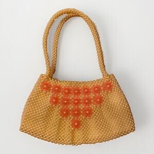 Vintage Pearl Beaded Purse 1950's Ivory W/ Pink Flowers Unused Barbie Like